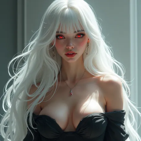 Solo, 1girl, High Resolution, Best Quality, Hair Between Eyes, Very Long Hair, White Hair, Large breasts, Breasts, Earrings, Smile, Red Eyes,  sexy body,