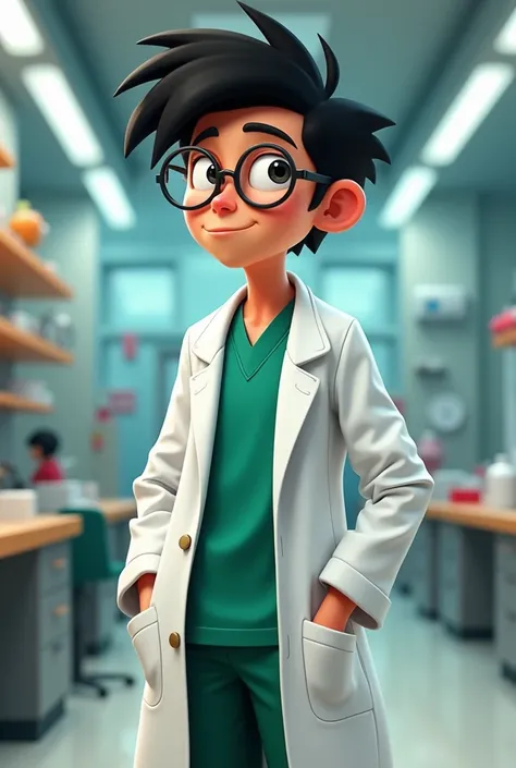 Jimmy Neutron teenager with black hair wearing a white doctor coat, green scrubs and round glasses 