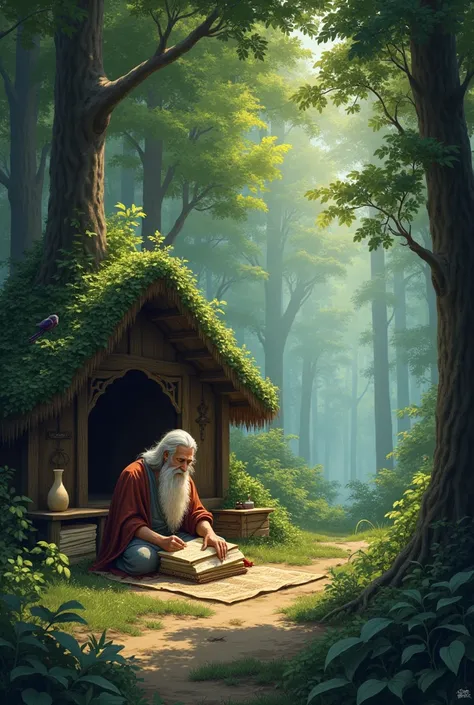 In a forest, there lived a saint in a small hut. Search something  on bed