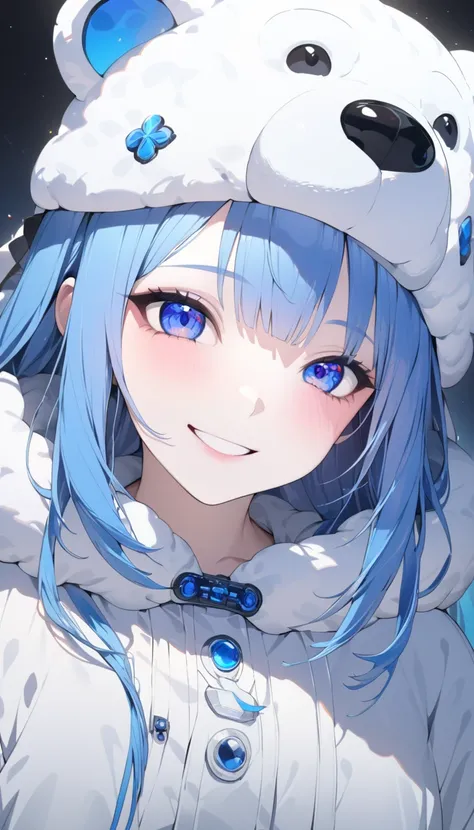 ((シロクマの着ぐるみを着た))(( girl with bright blue hair wearing a polar bear costume))((Cute smile))HD:1.2)、masterpiece、 top quality、 super detailed、 sharp focus 、 high definition 、Ultra HD、Super HD、 hyperreal、Transparent、(Beautiful and detailed)、 perfect eye detail...