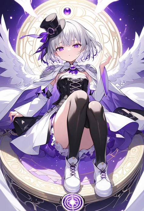  Max image  、  High Quality  、  Anatomically Correct Human Body  、 Girlish、Narrow eyes、A look of contempt、 Mini Silk Hat 、  short enough hair to fit on her shoulders、  Silver Hair、 black leather corset、 Cape、Super small breasts、 smaller 、White Dress、 Ameth...