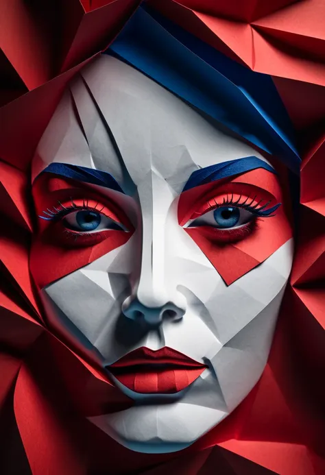 a womans face made of folded red and blue paper sheets, detailed facial features, beautiful eyes and lips, realistic, photorealistic, 8k, high quality, intricate paper art, detailed shadows and highlights, dramatic lighting, moody atmosphere, black and whi...