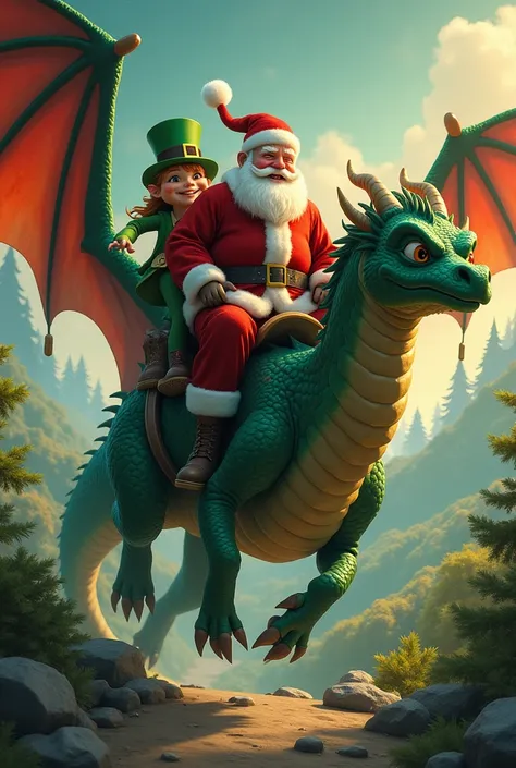 Santa Claus Leprechaun on the back of a dragon