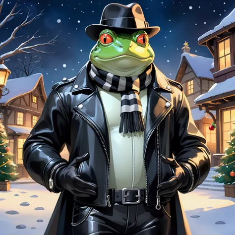 Closeup, Studio Ghibli Cartoon, An extremely badass anthropomorphic light blue and white bullfrog with a bold, stylish look, wearing an insanely cool black leather biker jacket open with zipper details, black fedora, black leather biker gloves, black leath...