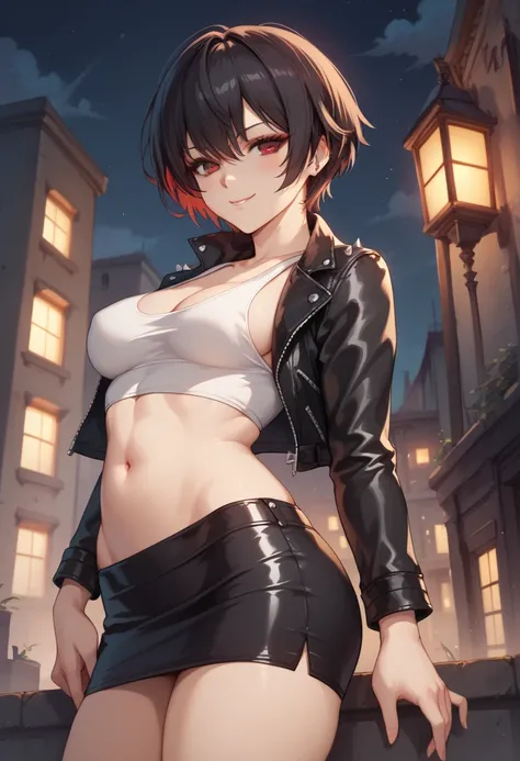 Sexy anime girl, age 17, punk, black short hair, red eyes, no bra, tight white tank top with hole, open black leather jacket, black leather pencil skirt, medium breasts, medium thighs, belly open, belly button high on belly, perfect shapely body, seductive...