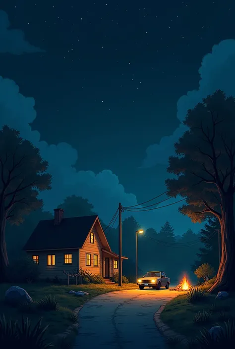 ILLUSTRATION STYLE NIGHT BACKGROUND SCENE WITH THE HOUSE AND CAR WITH LOW BEAM LIGHT ON THE ROAD WITH THE STREET LIGHT AND BONFIRE NEAR THE HOUSE