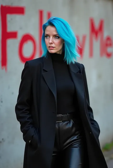  “A beautiful German woman with avant-garde blue punk hair,  dressed in a black overcoat ,  moves calmly forward ,  a light breeze moves her hair slightly ,  in the background a concrete wall with the words : „Follow Me”,  painted in red .  Watch out that ...