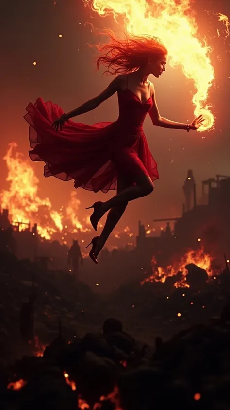 A cinematic still of a seductive fire sorceress levitating above a dark and chaotic battlefield. Her hair is a blazing inferno of crimson flames, and she is adorned in a form-fitting scarlet dress that accentuates her alluring figure. Her slender hands and...