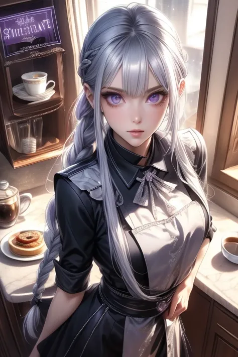 (from above:1.2,Best Quality),a girl , kimono uniform,silver color hair,Purplish  blue eyes that dreamers desire, small stature, medium tits , Lori face, (masutepiece:1.2, Best Quality), (finely detailed beautiful eye: 1.2), (beautifull detailed face), (pe...