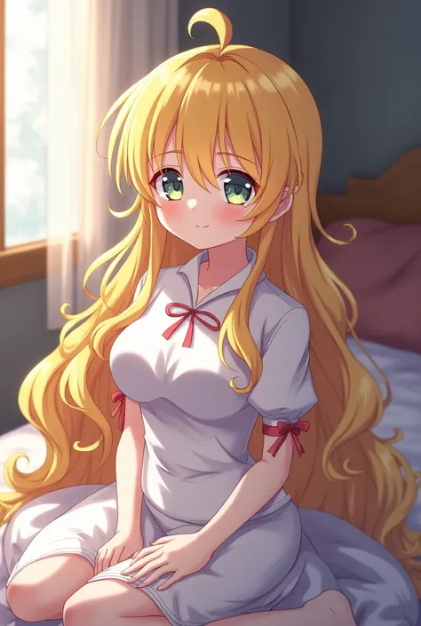 March 7, March 7 (Collapse: Marisa Kirisame), multicolor eyes ,  yellow eyes, break, Blonde　 Fluffy Hair ,  long hair,  sitting on her bed , smile, ,  Massive Breasts 