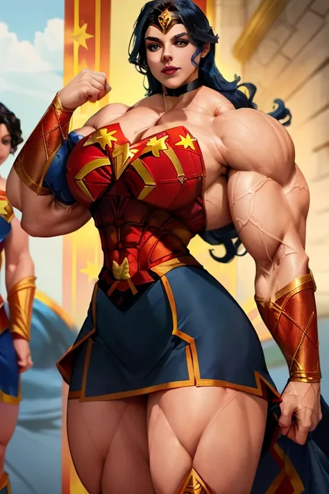 ((Close-up)), tall, ((royal blue hair)), beautiful muscular woman, long curly wavy hair, white skinned, closed smile, large breast, (black lipstick), (massive muscles), (hyper muscle), (ginormous bulky muscles), white eyes, (((((wonder girl costume with sk...