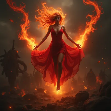 A cinematic still of a seductive fire sorceress levitating above a dark and chaotic battlefield. Her hair is a blazing inferno of crimson flames, and she is adorned in a form-fitting scarlet dress that accentuates her alluring figure. Her slender hands and...