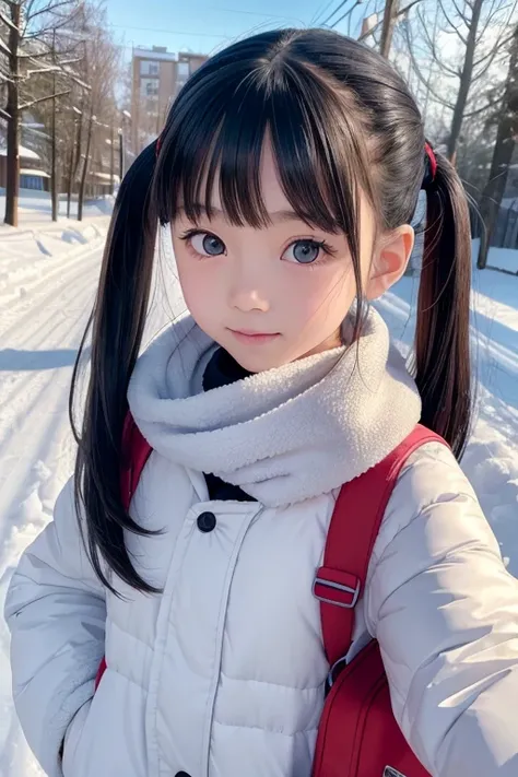 master piece8k.best quality.detailed.Realstic.shoot from front.ultra-detailed face.cute eyes.12years old girl. red backpack to go to school together、 Japanese girl who can see into the distance、 black hair twin tail、bangs、 idol face、 natural light、Snow Sce...