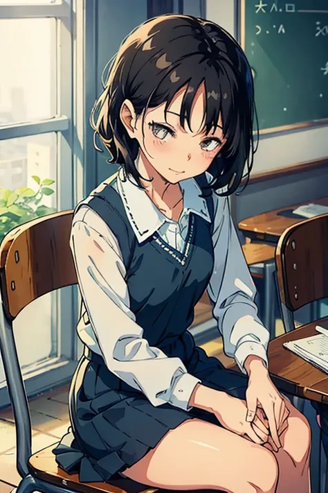 Beautiful girl with wavy shortblack hair, school dress sweet small closed eye smile ( sitting )|