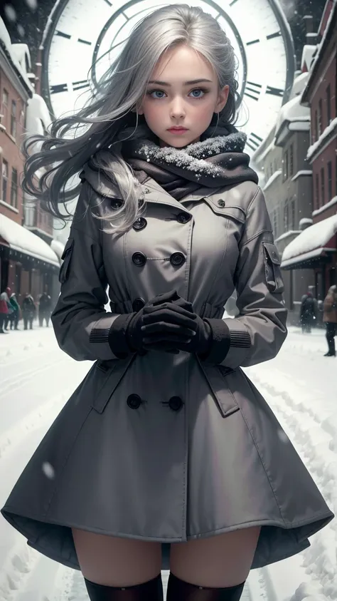 reality, High resolution, 1 female, Lonely, (Clothing)，Gorgeous clothes，To the audience，Upper Body，Thighs Beautiful Eyes, Gray Hair, dark circles under eyes, (external，heavy snow，clock，Snow covered)，Snow Field