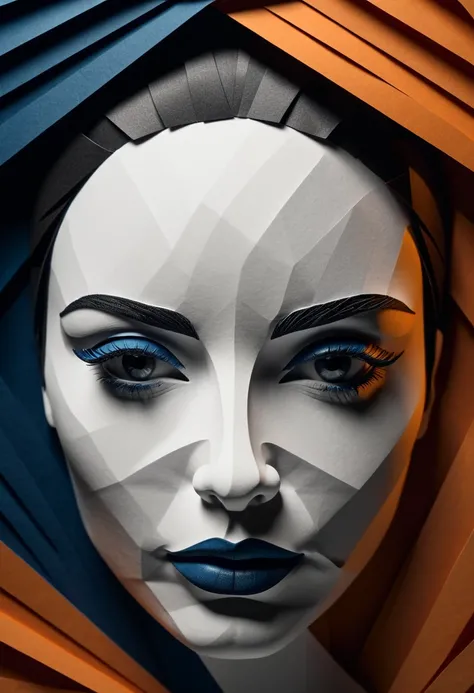 a womans face made of folded azul escuro and laranja acizentado paper sheets, detailed facial features, beautiful eyes and lips, realistic, photorealistic, 8k, high quality, intricate paper art, detailed shadows and highlights, dramatic lighting, moody atm...