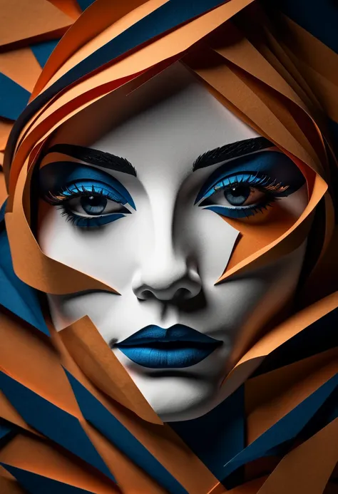 a womans face made of folded azul escuro and laranja acizentado paper sheets, detailed facial features, beautiful eyes and lips, realistic, photorealistic, 8k, high quality, intricate paper art, detailed shadows and highlights, dramatic lighting, moody atm...