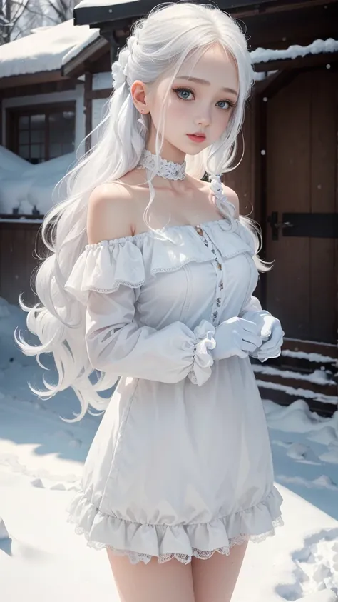 1girll,(Snow,Ice), snowflower, In winter, White hair, Shiny hair, Wavy hair, Transparent clothes, frilld, Lace, Wet clothes, Off_Shoulder, hair scrunchie,Masterpiece, Telephoto lens, absurderes, Exquisite facial features