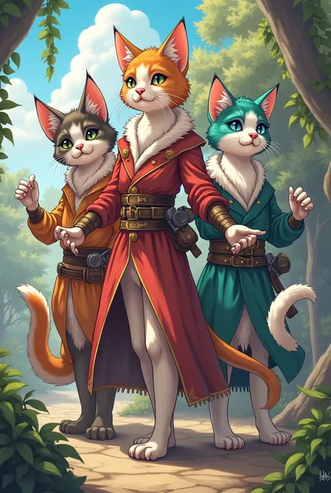 A tall slender species of humanoid cat creatures. The have paws, whiskers and tails. Anime.  They have fur of different colors. Wearing medieval style clothes.