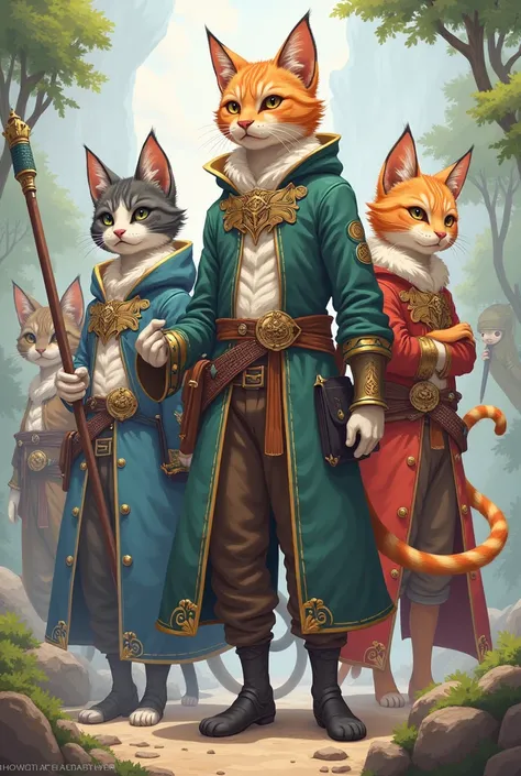 A tall slender species of humanoid cat creatures. The have paws, whiskers and tails. Anime.  They have fur of different colors. Wearing medieval style clothes.