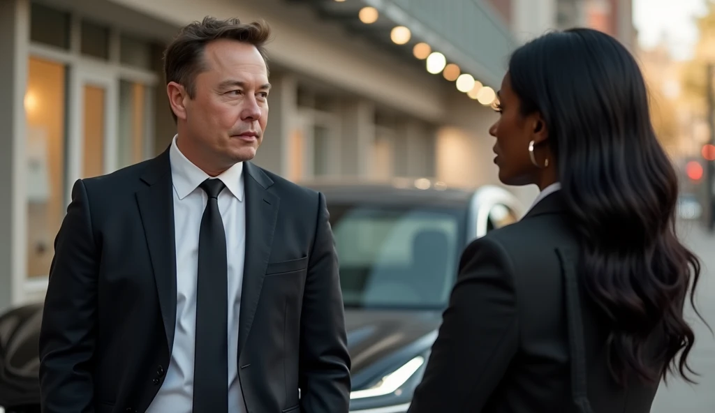 Elon Musk stood looking at Laura Smith looked disdainfully at Rebecca Harper (Laura Smith is 30 years old, Laura Smith has dark brown skin and long black hair) (Rebecca Harper is a black teacher and car dealer, Rebecca Harper is 35 years old, Rebecca Harpe...