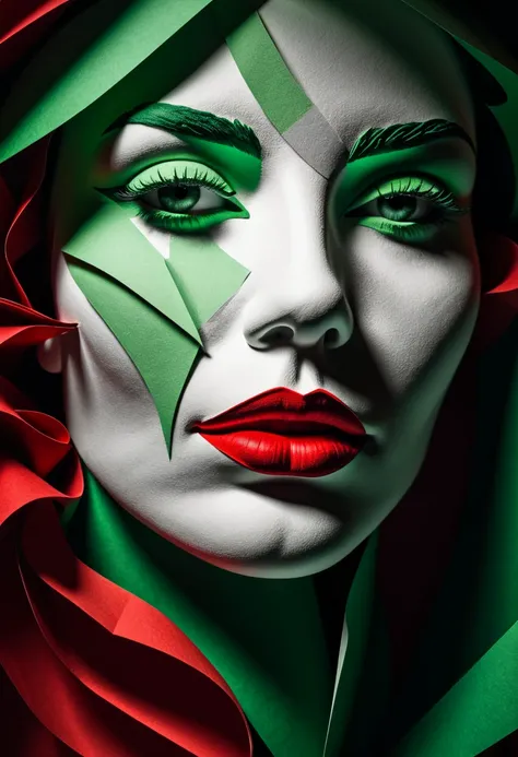 a womans face made of folded verde and vermelho  paper sheets, detailed facial features, beautiful eyes and lips, realistic, photorealistic, 8k, high quality, intricate paper art, detailed shadows and highlights, dramatic lighting, moody atmosphere, black ...