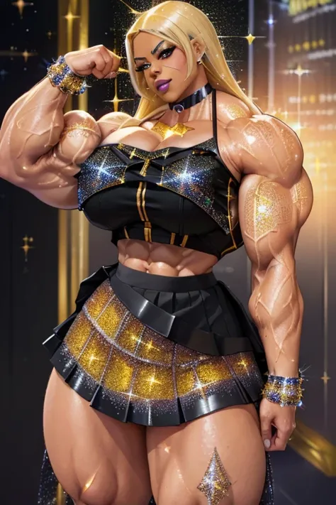 ((Close-up)), tall, yellow hair, beautiful muscular latino woman, long hair, brown skinned, (black lipstick), (massive muscles), (hyper muscle), (ginormous bulky muscles), gray eyes, (((((sparkly pop idol costume with skirt))))), choker, boots, (on the sky...