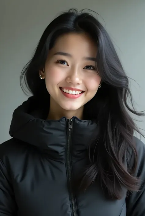  Japanese woman with a viewing angle of 、 black hair、 Hairstyle shortcuts、、、Ear piercing、黒い down jacket、smile、 beautiful alignment of teeth、 trainer、 upper body、 Neutral Backgrounds 、 frontal angle
