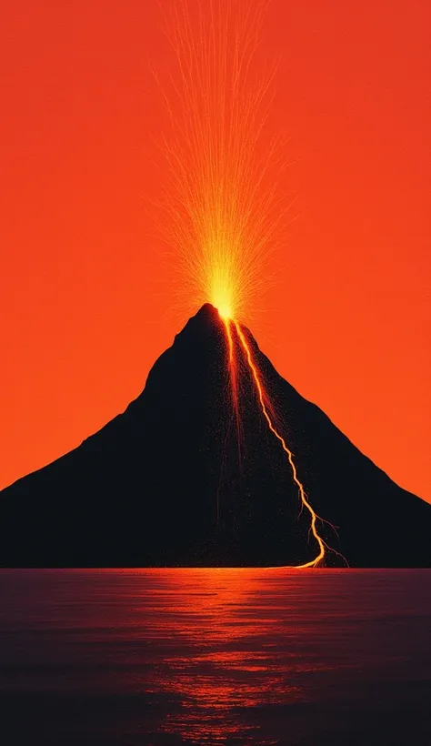 masterpiece,  two-color abstract painting in dark red and orange , cone-shaped peak ,high mountain,Volcanic eruption,Volcano and ocean , High mountain,Volcano erupts magma ,Magma flowing into the ocean , fine dust , with a dynamic strong contrast of the er...