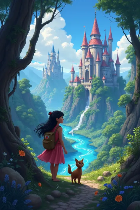 Ria and her cat find themselves in a vibrant, enchanted world where book characters—knights, wizards, and animals—walk and talk. Towering castles float in the sky, and glowing rivers wind through lush forests.