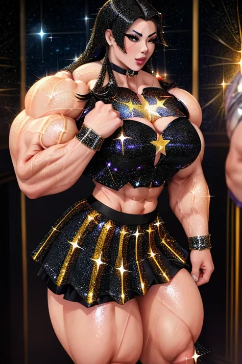 ((Close-up)), tall, (red hair), beautiful muscular asian woman, long hair, white skinned, (black lipstick), (massive muscles), (hyper muscle), ginormous bulky muscles, yellow eyes, (((((sparkly pop idol costume with skirt))))), choker, boots, (on the skysc...