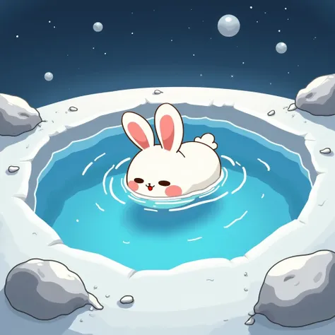 masterpiece, best quality, highres, ultra-detailed, cute anime style, A white rabbit mascot is swimming in the seawater collected in a crater on the moon,fluffy body, simple face, cute appearance,