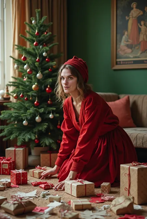 Plan large - style inspiration leyendeckeret - éléments de décor - énormément des papiers de cadeaux déchirés partout sur le sol à côté du sapin : une femme décoiffée Châtin claire mi long. elle est de face, transpirante, vêtue dune robe rouge de mère Noël...