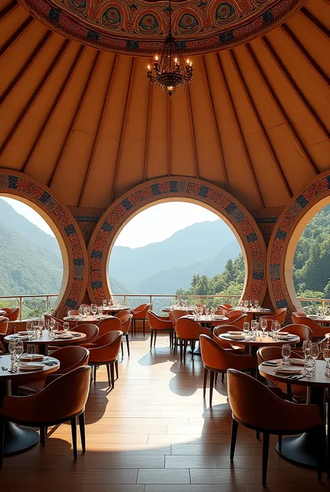 Please draw a large restaurant in the form of a yurt and with a view of the interior
Make the windows a little bigger and the walls have ethnic patterns
