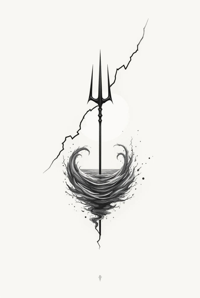 I want a small tattoo involving a trident, the sea around the trident and a small soft barely visible lightning in the back 
Colourless 
More details on the trident  
Make it slightly smaller