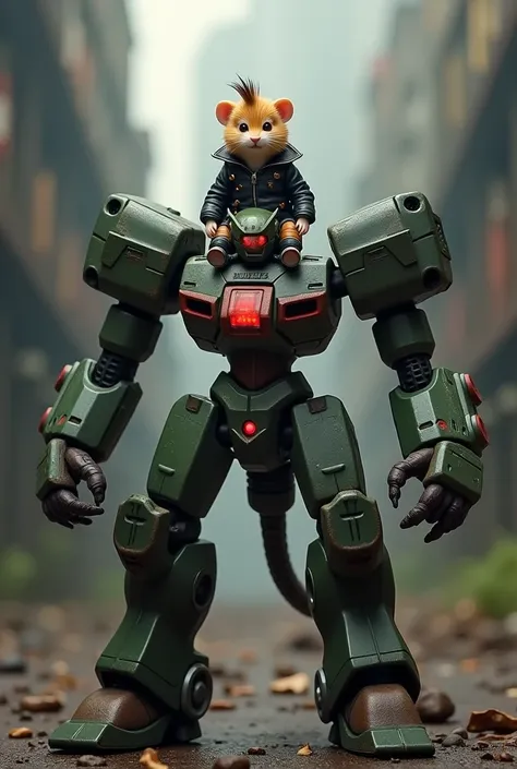 A super realistic and cinematic image of a chibi hamster character riding on the head of an Evangelion, ( full body), Standing figure up to the toes Punk Rock Chibi character 