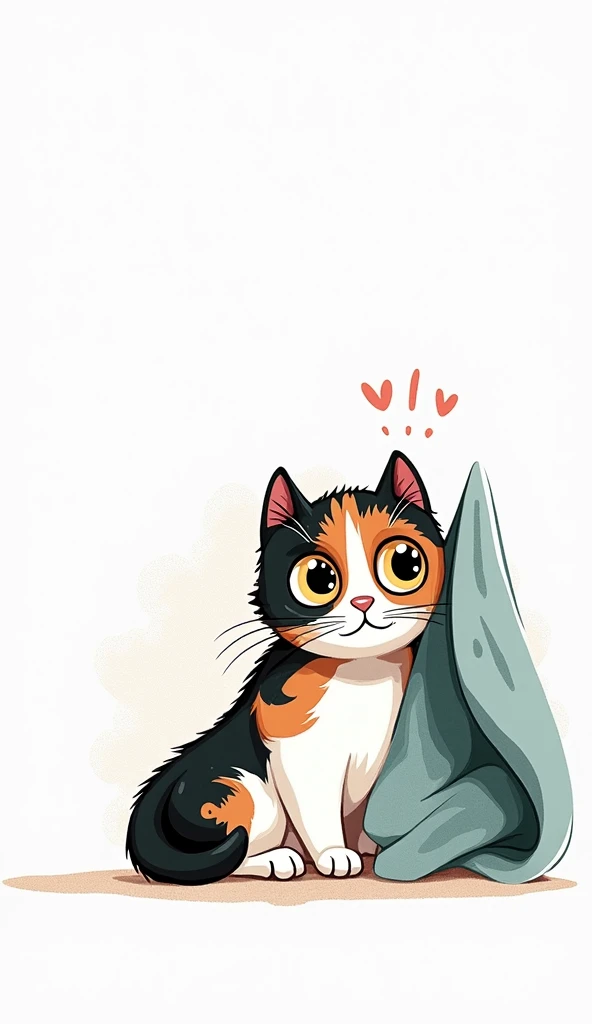 A cartoon cat, positioned in the left-center of the image, peering around a dark teal-colored corner.  The cat is a calico, with black, white, and ginger/orange patches. Its large, golden eyes are looking directly at the viewer.  The cats expression is cur...