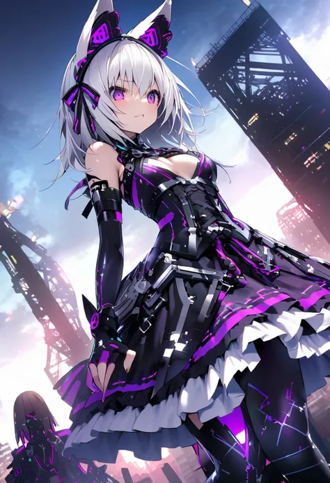  with fox ears {x} open chest 1 silver-haired girl in cybergoth style Lolita clothes dynamic angle。きつねの耳をしている。The background is a SF , 