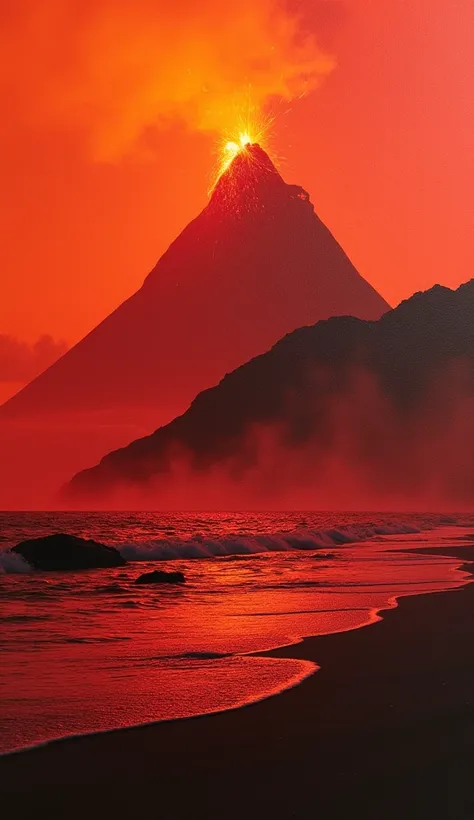 masterpiece,  two-color abstract painting in dark red and orange , cone-shaped peak ,high mountain,Volcanic eruption,Volcano and ocean , High mountain,Volcano erupts magma ,Magma flowing into the ocean , fine dust , with a dynamic strong contrast of the er...