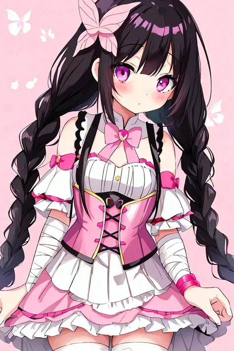  cute anime girl 、 white skin ,  dark hair with two braids and a pink corset,  with white bandages around her legs 、Black spots on her eyes ,  also comes with a pink tutu skirt .,  with a pink crown and pink butterfly 々