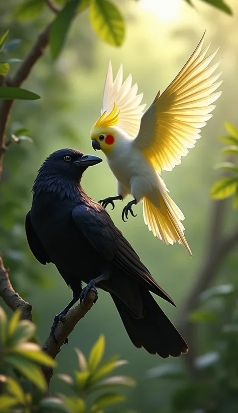 The cockatiel Bird flying around the crow