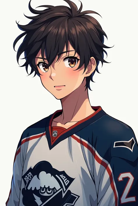  make a 23-year-old boy with messy wavy hair and dark brown,  Blue Eyes, Definite size , high,  pretty face,  anime-style hockey uniform,  semi realistic, Art work, whole body, detailed, sem bugs