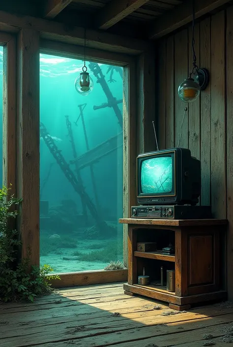 Old wooden pillars supporting the house, with an old black TV attached, old green wooden floorboards,The background of the glass wall is decorated with crisscrossing mines, showing the underwater view,Similar to krusty krab,Very realistic, finest details, ...