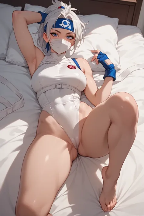  spandex White  leotard　 bed　 invited position 　 sexy　 showing private parts 　 open thighs　 　M-shaped legs　tenjouin asuka
   ecstatic expression　White ninja mask
