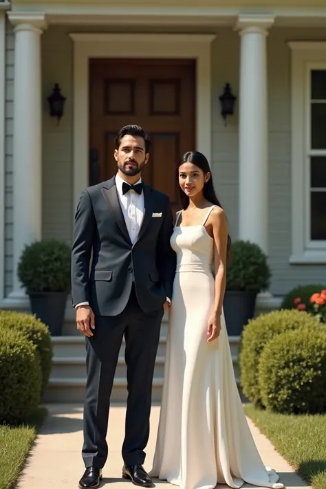 Create Hyper-realistic image of A man and his wife ring a house bell while they are outside make the man wearing suit and hisnwife wearing white clothes 