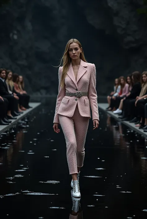 Chanel show ，outdoor，Light pink and black live arrangement，Pink Walkway ， The background is a black rocky mountain，的Chanel show 服饰， A beautiful model is on the catwalk ，Chanel fall costumes