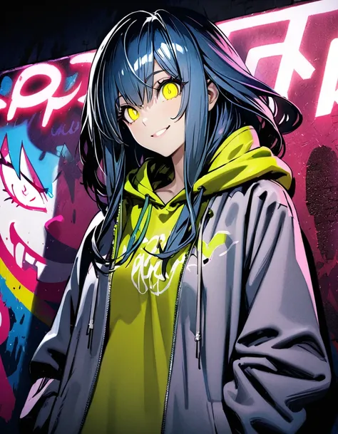 masterpiece,  top quality, 8k, detailed background, masterpiece,  top quality, smile,  ornament,  hoodie, Portraiture,  neon yellow, graffiti, dark, night, Shining Eyes,  black light , Flandor Scarlet