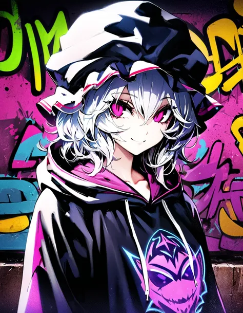 masterpiece,  top quality, 8k, detailed background, masterpiece,  top quality, smile,  ornament,  hoodie, Portraiture, Neon Purple, graffiti, dark, night, Shining Eyes,  black light , Remilia Scarlet