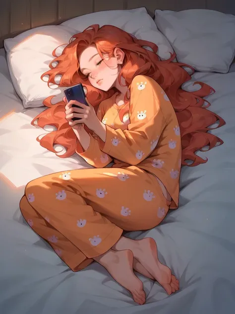 score_9, score_8_up, score_7_up, score_6_up, score_5_up,   ph0n3, holding phone, lying, 1girl, long hair, ginger hair, sensual pose, full body, revealing short pajamas