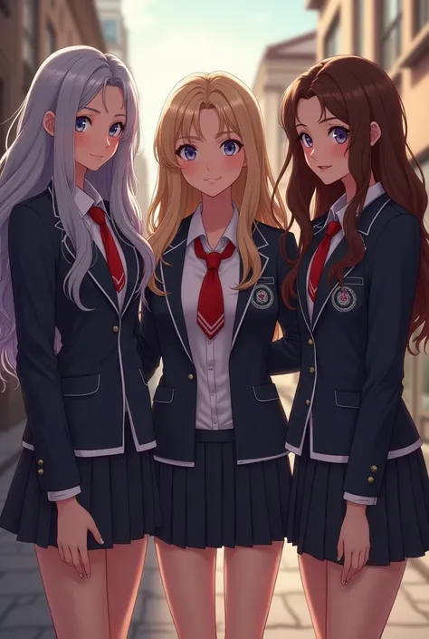 Three girls in image. First one is tall she has long wavy silver grey lilac tint ombre hair, second girl has long wavy blonde red tibt ombre highlights in her hair she has hugge massive boobs. Third girl has long wavy brown hair they are all wearing a scoo...